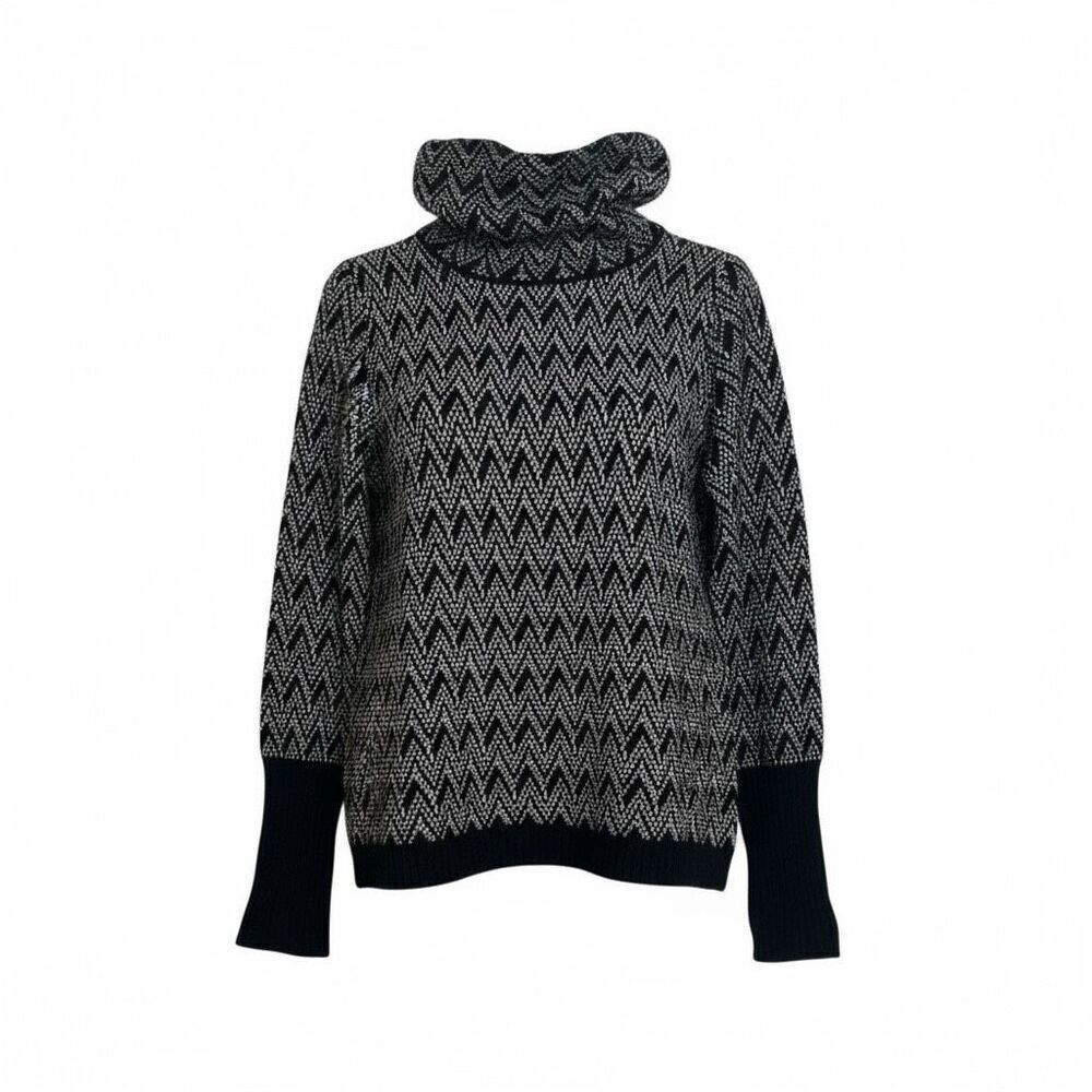 Ellen Tracy Chevron Wool Blend Knit Cowl Neck Pullover Sweater Black White Large